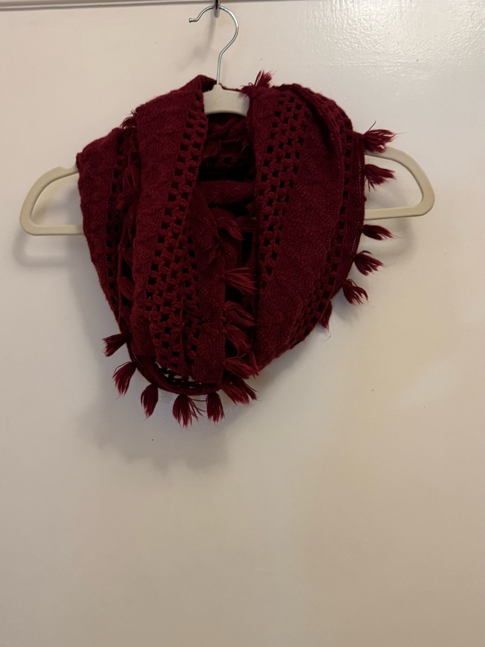 Burgundy Knit Fringe Infinity Scarf - Women Accessories